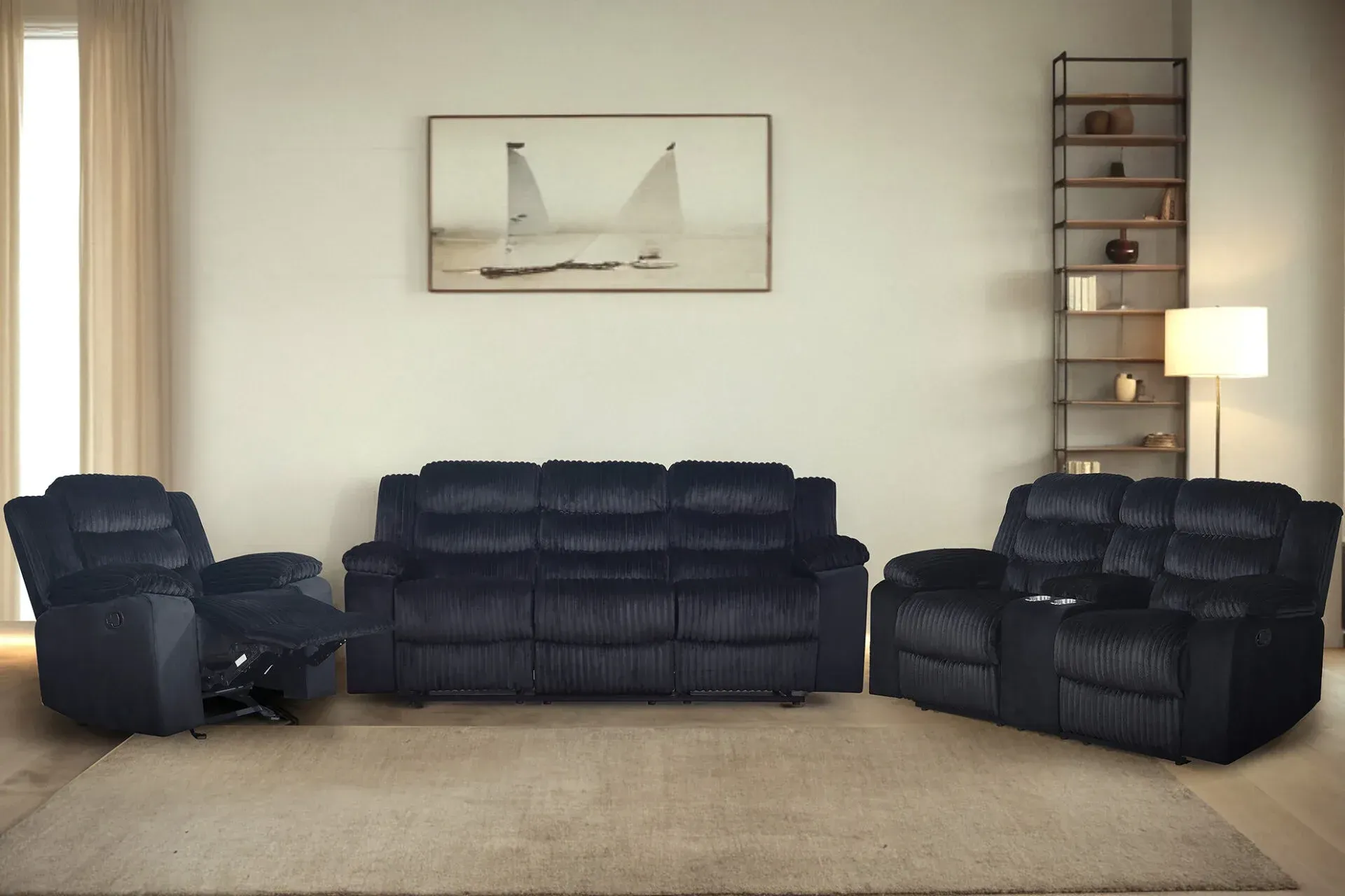 Living room with black leather sofa set, recliner, wall art, and floor lamp on beige carpet.