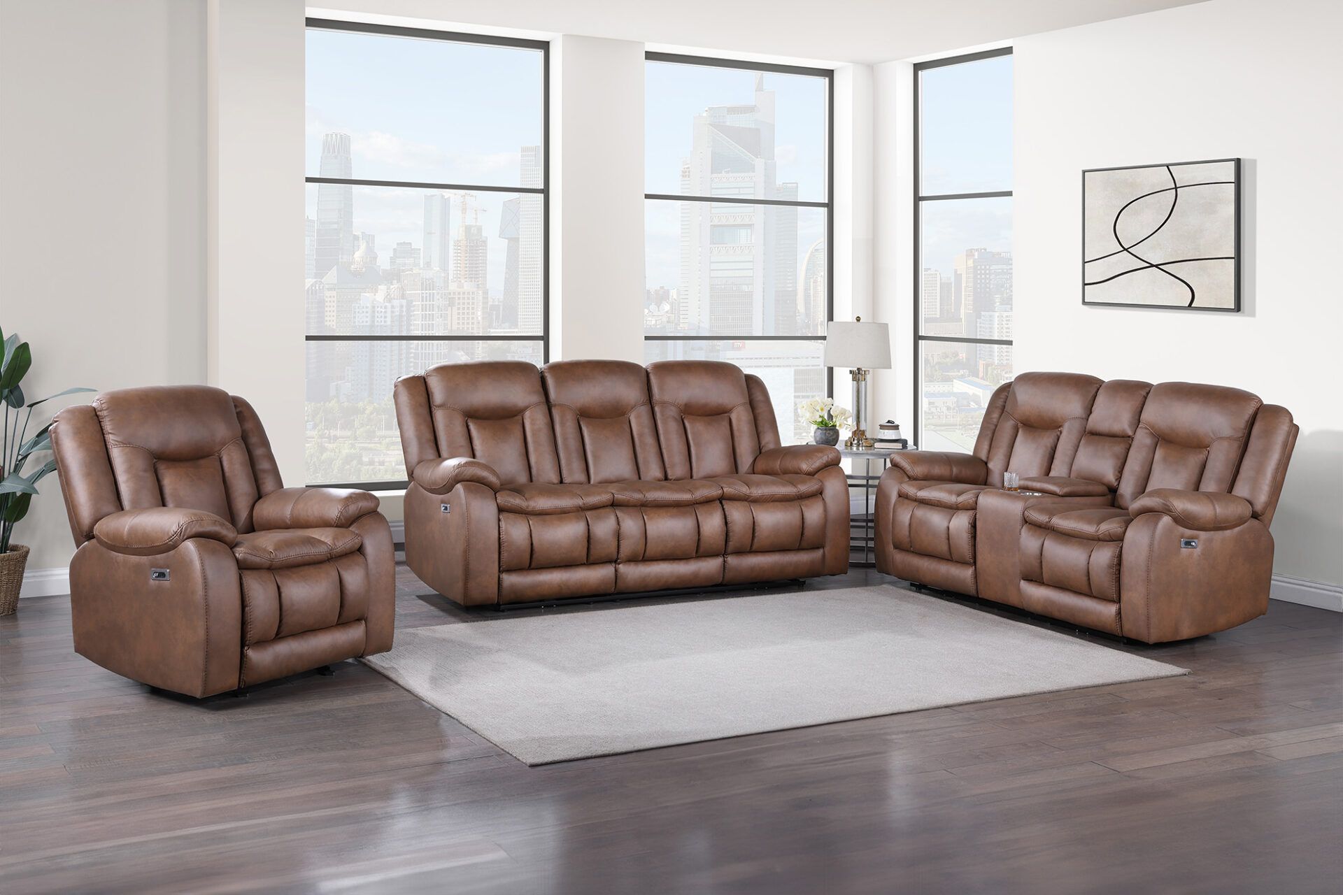 Brown leather sofa set in a bright living room with large windows and a light rug