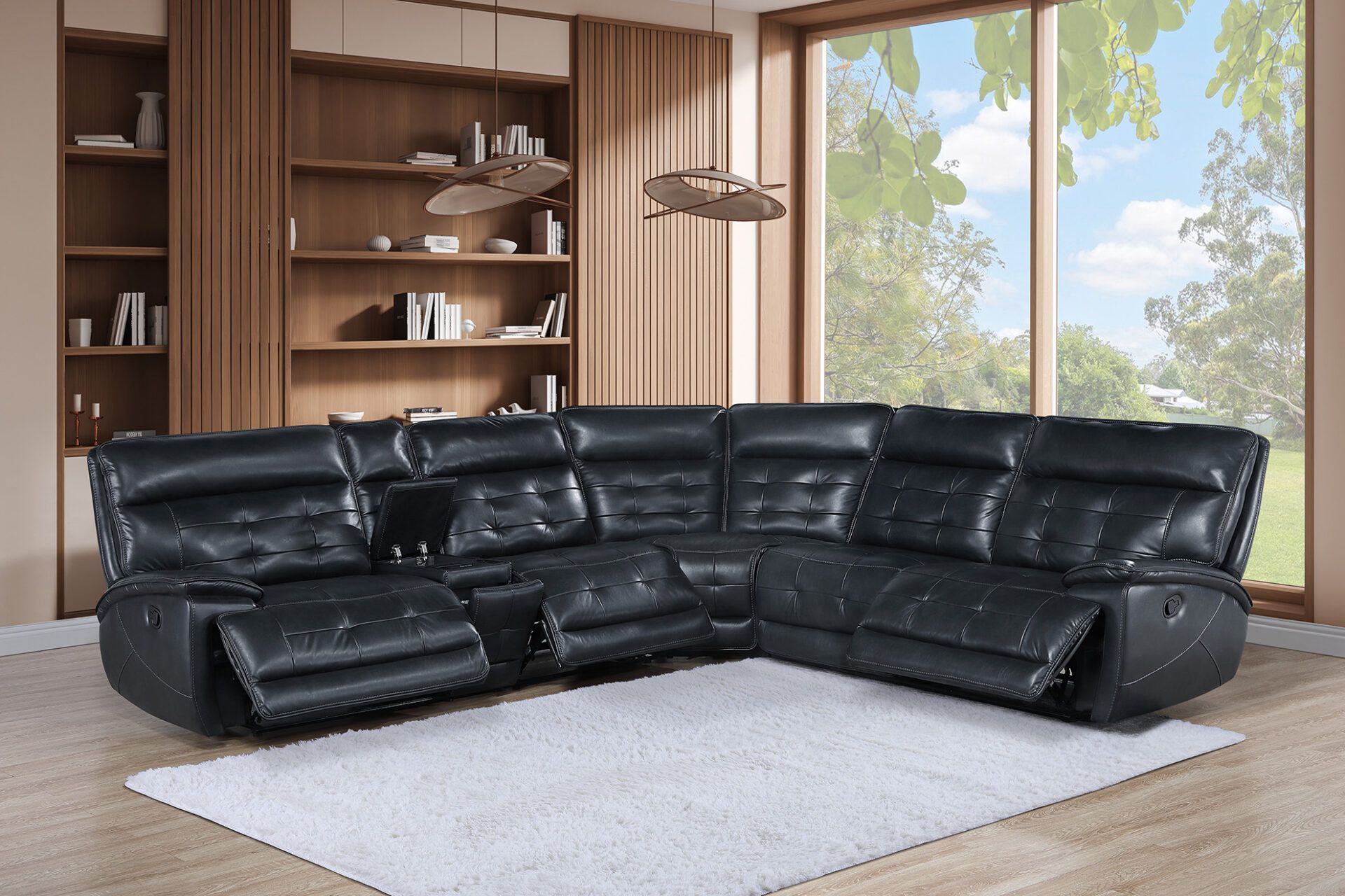 Black leather sectional sofa in a modern living room with wood shelving and large windows
