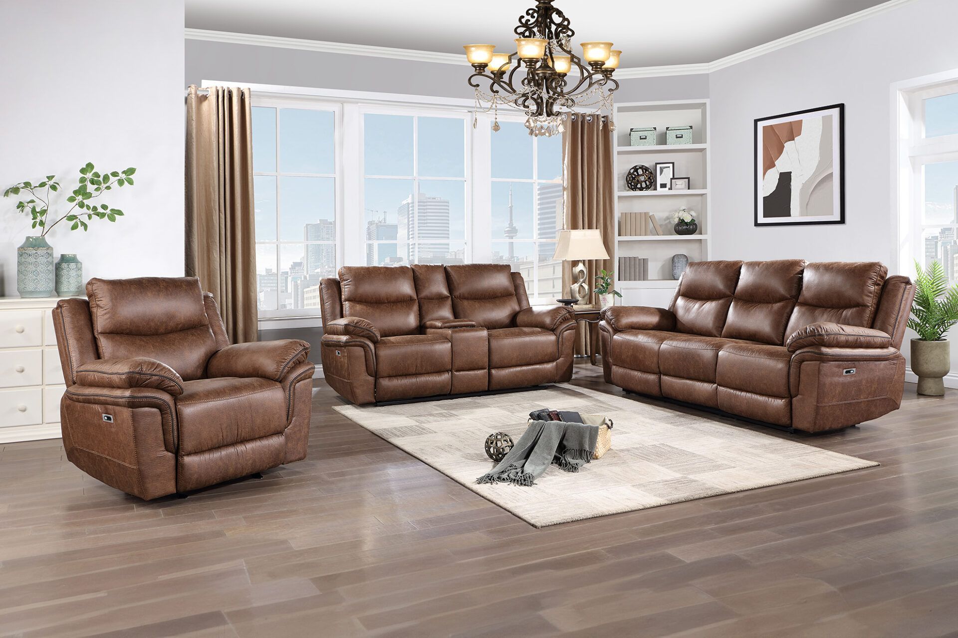 Brown leather living room set with sofa, loveseat, recliner, and coffee table on a light rug