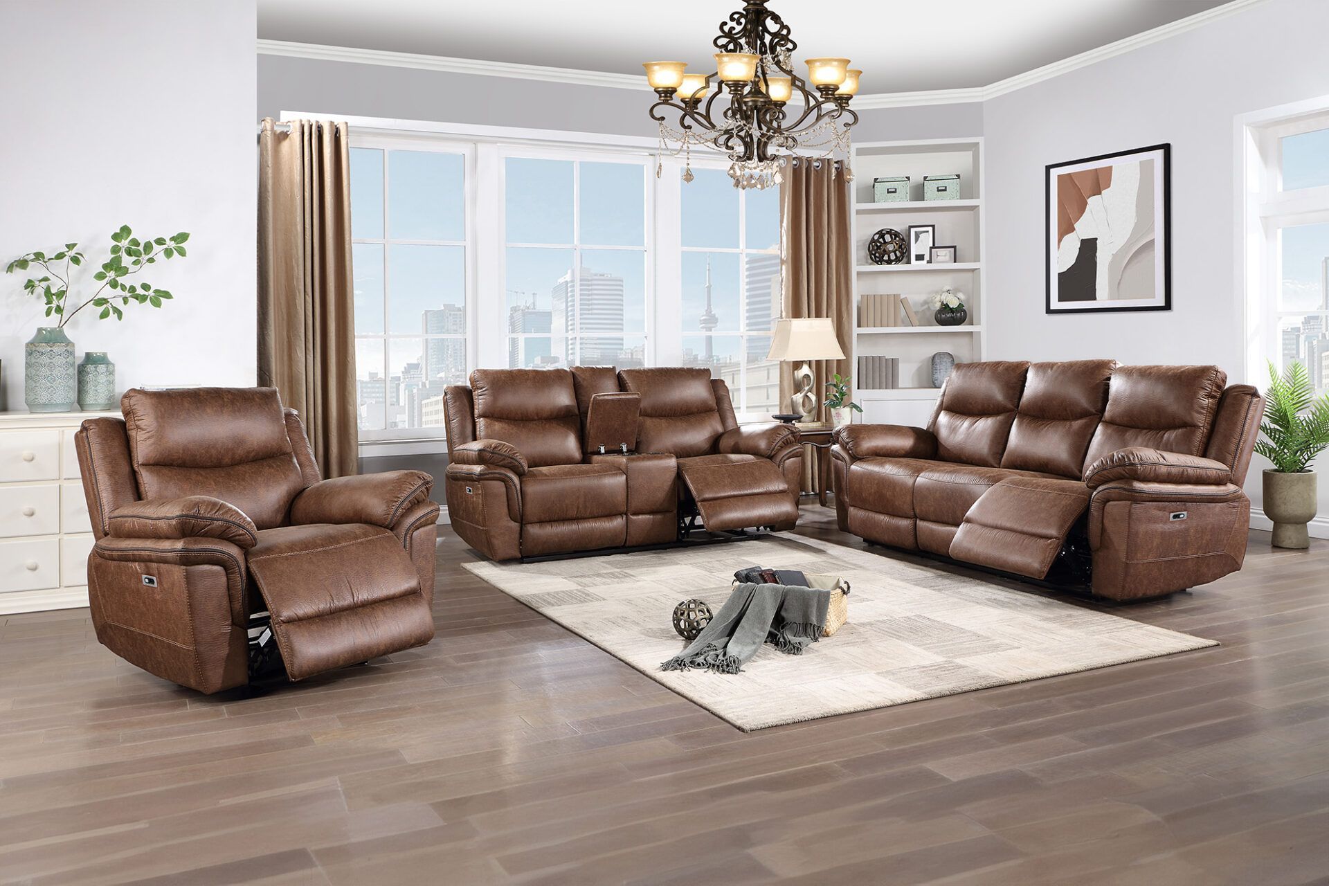 Brown leather living room set with recliner sofa, loveseat, armchair, and chaise around a rug