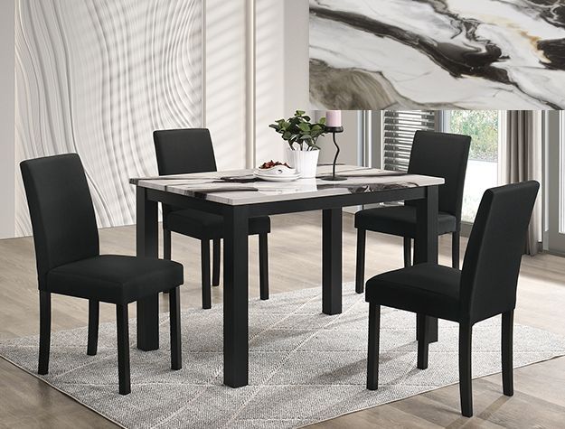 Modern dining room with black table and four chairs on a light rug, with a vase centerpiece