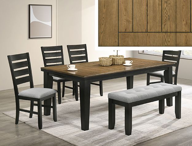 Modern dark wood dining table set with six chairs and a bench in a bright room