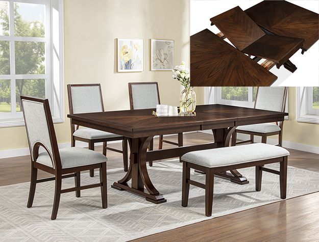 Dark wood dining table set with six chairs and bench in a bright room, inset shows folding table leaves