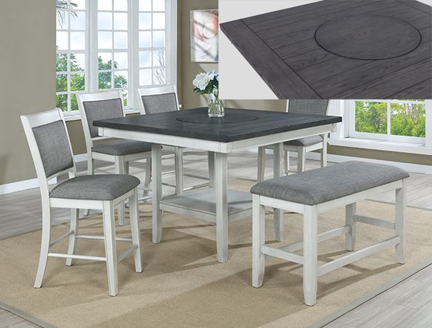 Gray dining set with square table, cushioned chairs, and bench in a bright room