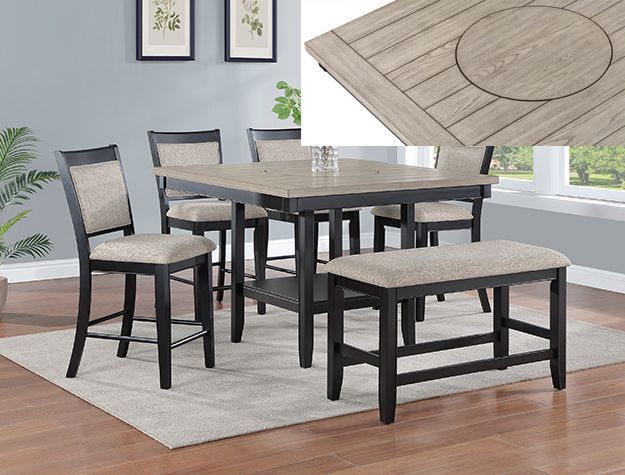 Gray upholstered dining set with table, chairs, and bench in a modern room, with wood-grain tabletop inset detail