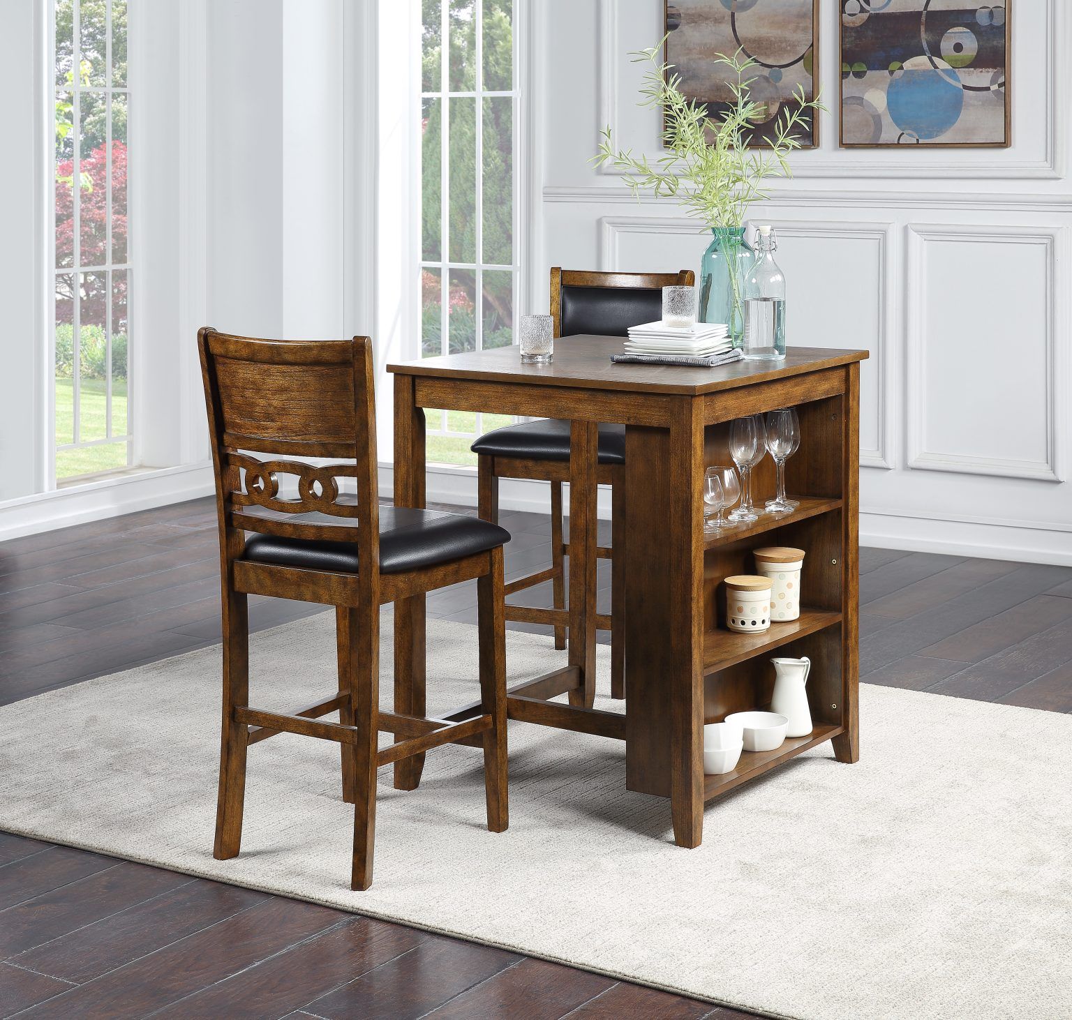 Wooden drop-leaf table and chair in a bright dining room with shelving and decor