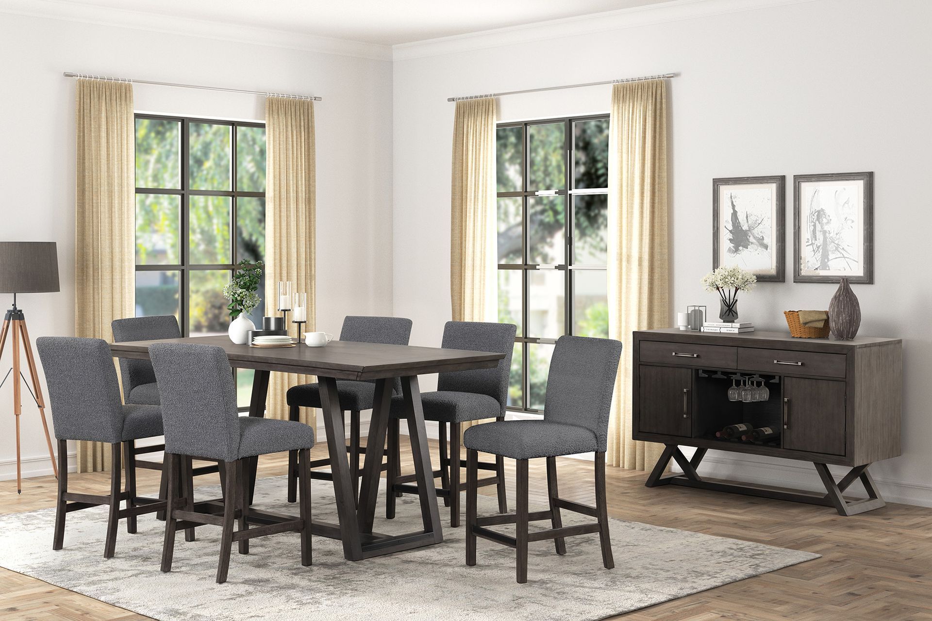 Dining room with dark table and chairs, large windows, sideboard, and neutral decor on a light rug.