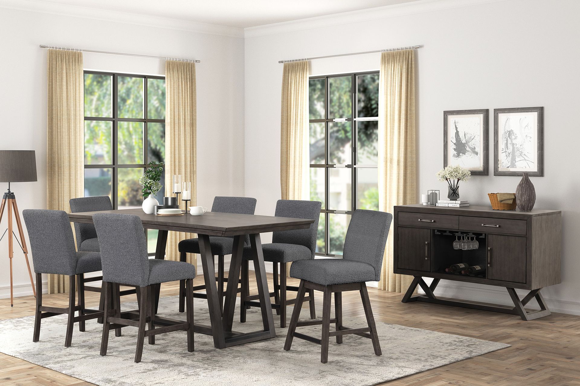 Dining room with gray chairs, wooden table, beige curtains, and black sideboard by bright windows.