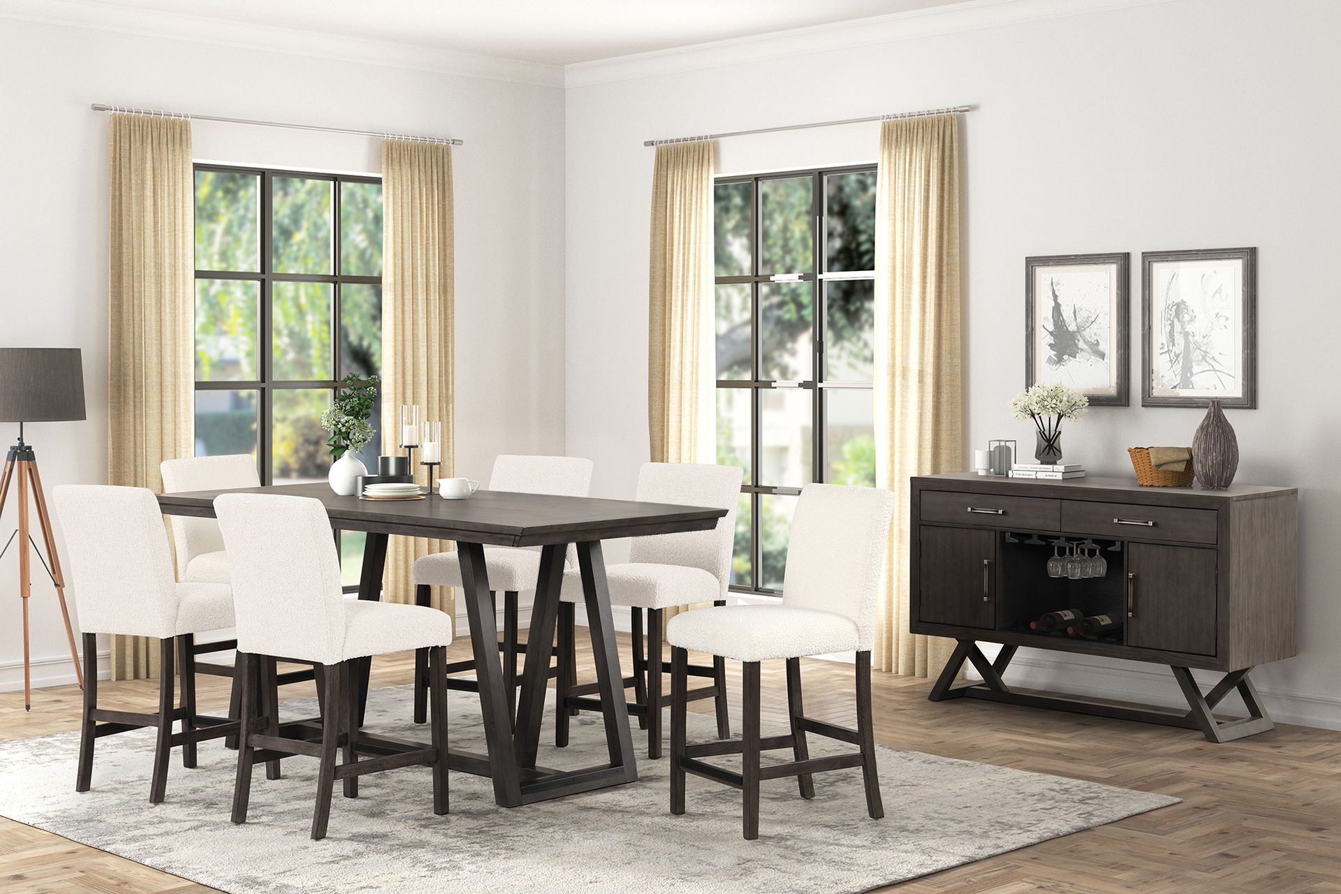 Bright dining room with dark wood table, white chairs, sideboard, and large windows with cream curtains