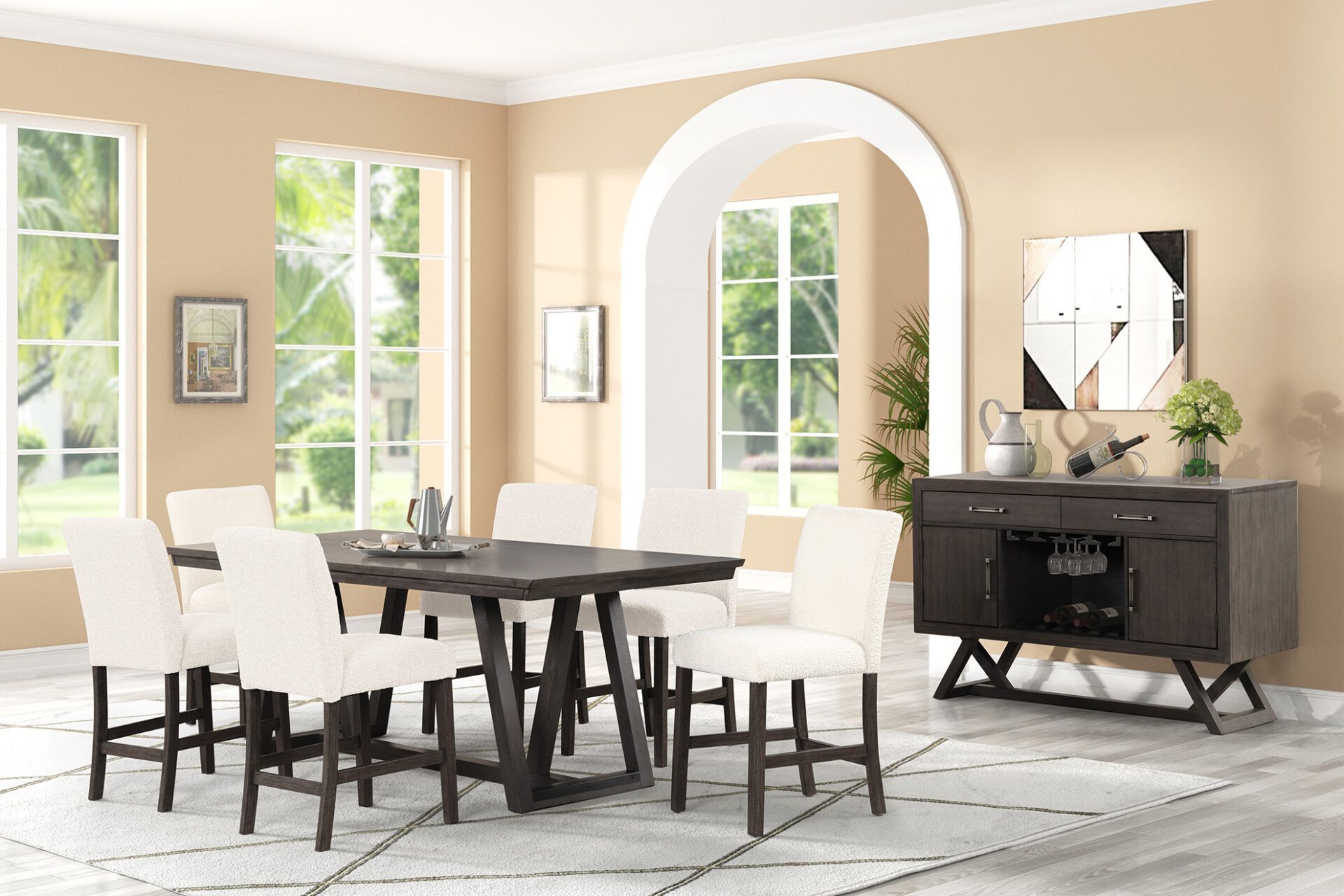 Modern dining room with white chairs, dark table, arched window, and sideboard on a bright rug.