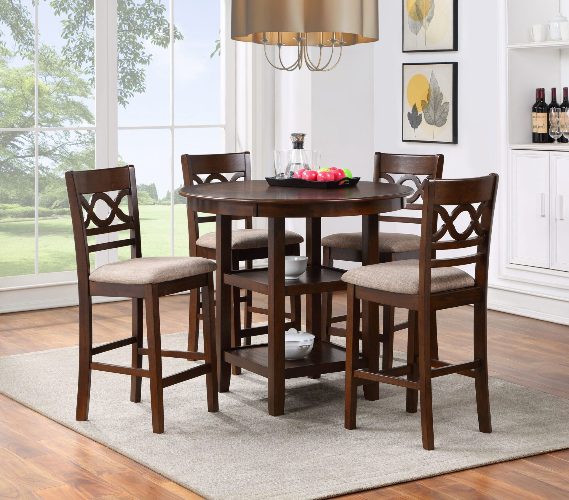 Wooden dining table and chairs in a bright sunlit room with a large window and rug
