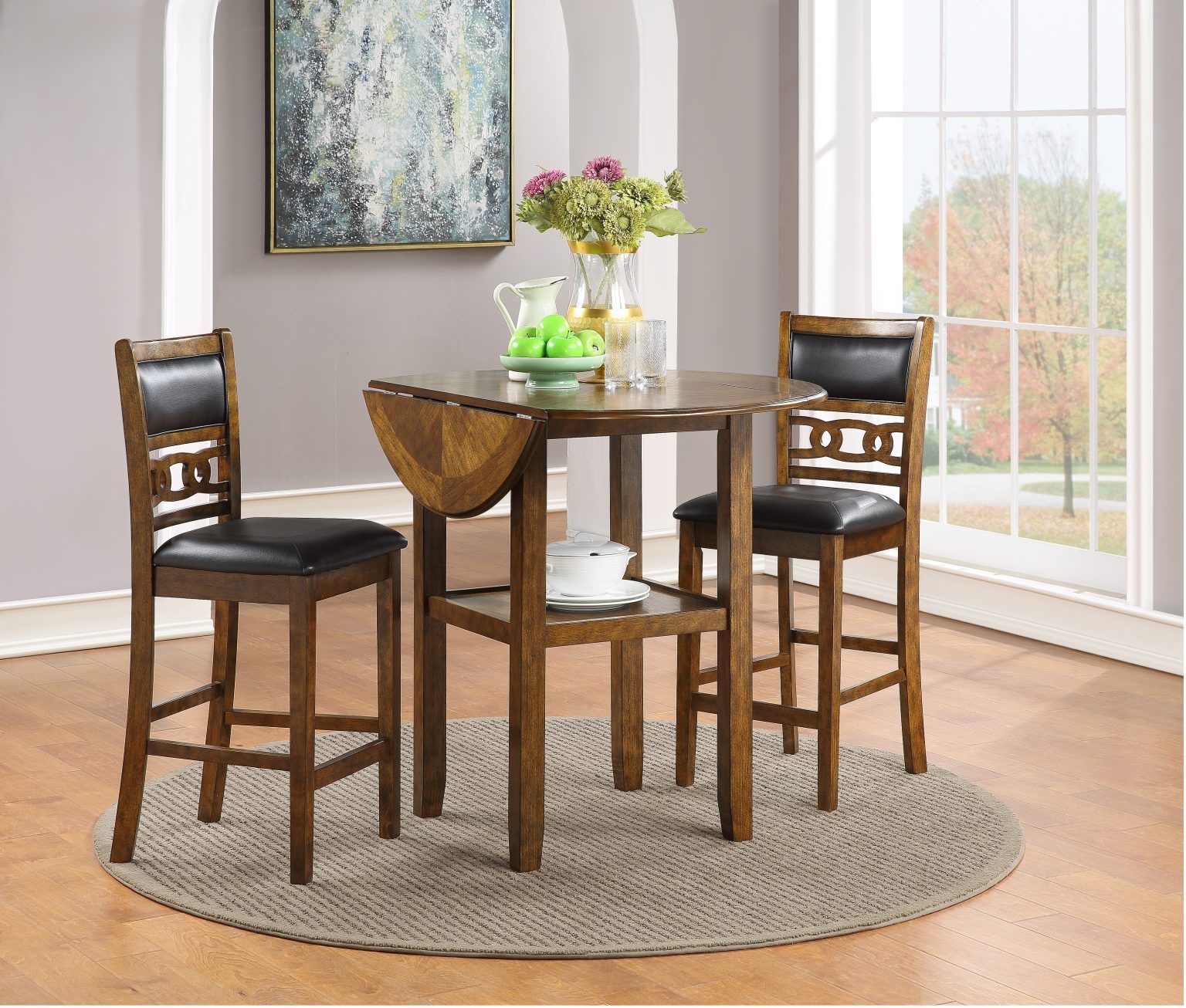 Round wooden dining set with four chairs on a gray rug in a bright room by a window