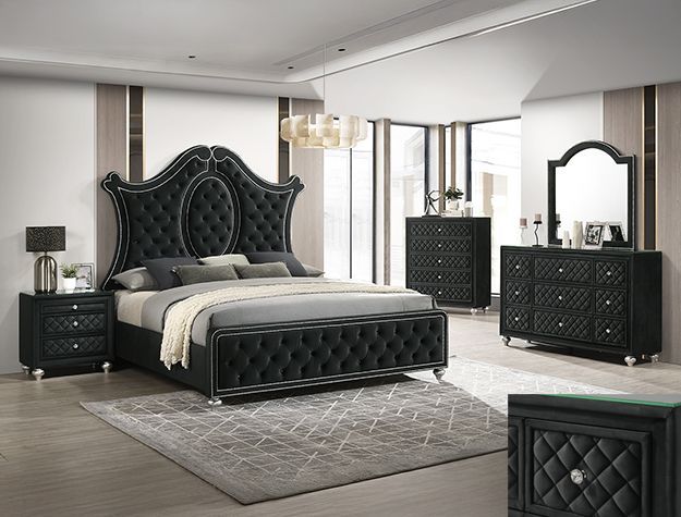 Luxurious black tufted bedroom set with bed, nightstands, dresser, and mirror on a light rug