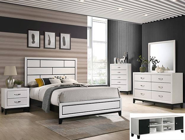 Modern bedroom set with bed, nightstands, dresser, mirror, and chest in white and black finishes