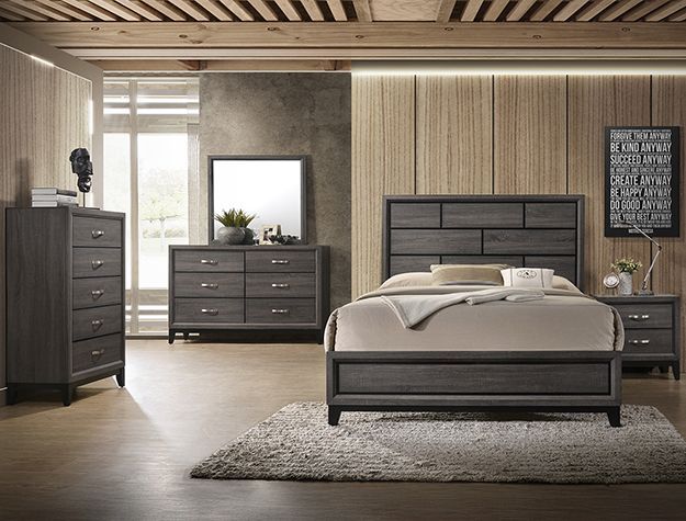 Modern bedroom with gray bed, dresser, nightstand, floor lamp, window, and neutral decor