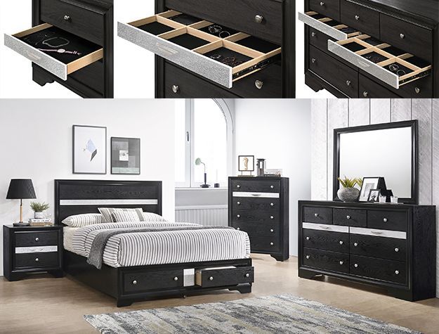 Black bedroom furniture set with bed, dresser, nightstands, and open under-bed drawers