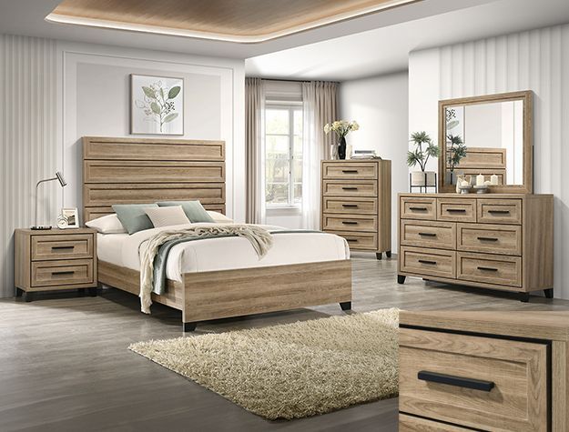 Modern bedroom set with wood-finish bed, nightstands, dresser, mirror, and rug in a bright room