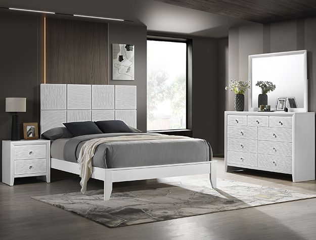 Modern gray-and-white bedroom with bed, dresser, nightstand, and window