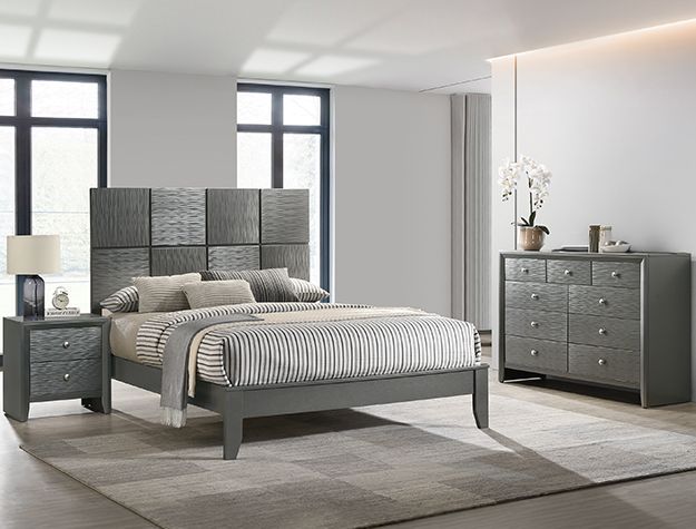 Modern gray bedroom set with upholstered bed, nightstand, dresser, and large windows