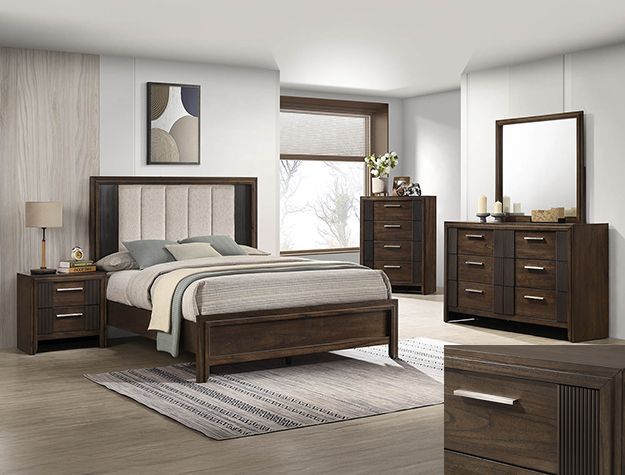 Modern bedroom with dark wood bed, dresser, nightstand, mirror, and a window