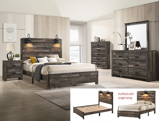 Modern gray wood bedroom set with bed, dresser, nightstand, chest, and mirror in a bright room
