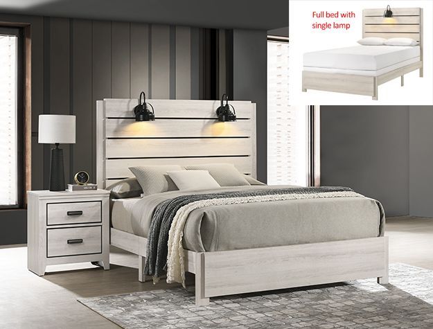 Modern bedroom with white upholstered bed, gray nightstand, striped wall, and inset lamp feature