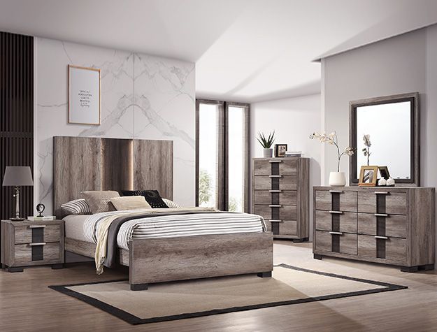 Modern gray bedroom with bed, dresser, nightstands, and mirrored furniture near large windows