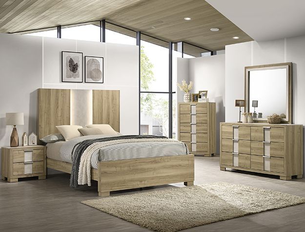 Modern bedroom with wood furniture, tall windows, neutral bedding, and a dresser with mirror.