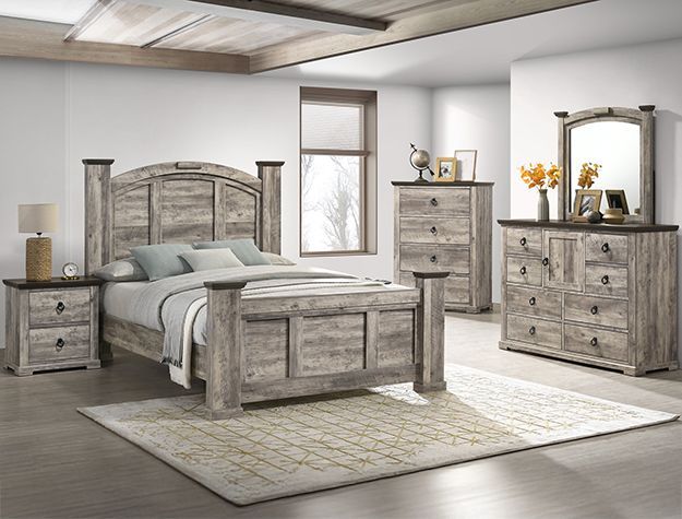 Rustic gray bedroom set with bed, nightstands, dresser, mirror, and bench on a light rug