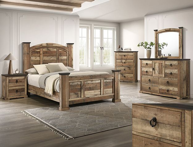 Rustic wood bedroom set with bed, dresser, mirror, nightstand, and chest in a bright room