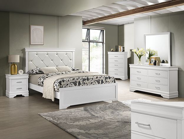 White modern bedroom with tufted bed, dresser, nightstands, mirror, and gray rug