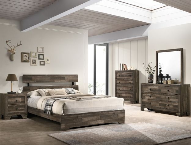 Modern rustic bedroom with wooden bed, dresser, nightstand, mirror, and neutral decor