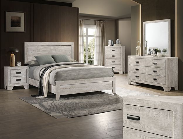 Modern bedroom with white wood furniture, gray bedding, and a large mirror dresser on dark wood floors
