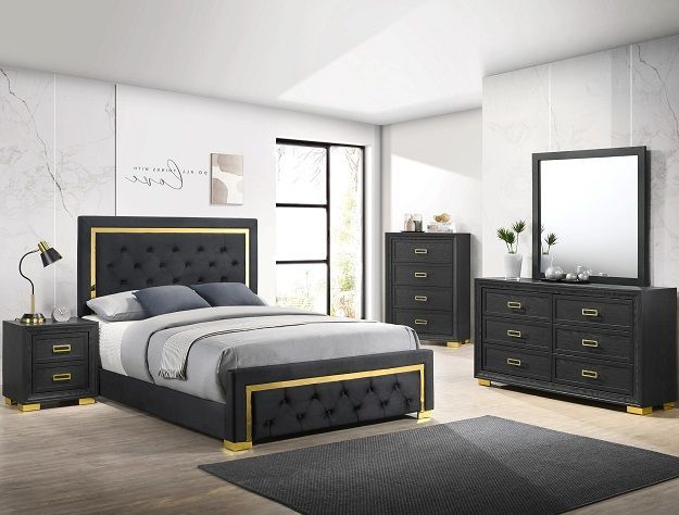 Modern black and gray bedroom set with tufted bed, dresser, nightstand, and mirror