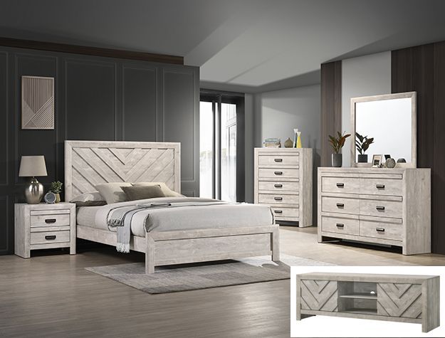 Modern gray bedroom set with bed, dresser, nightstands, mirror, and upholstered bench