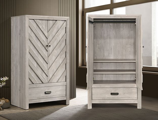 Two light wood wardrobe cabinets, one closed with chevron doors and one open showing shelves and a drawer.
