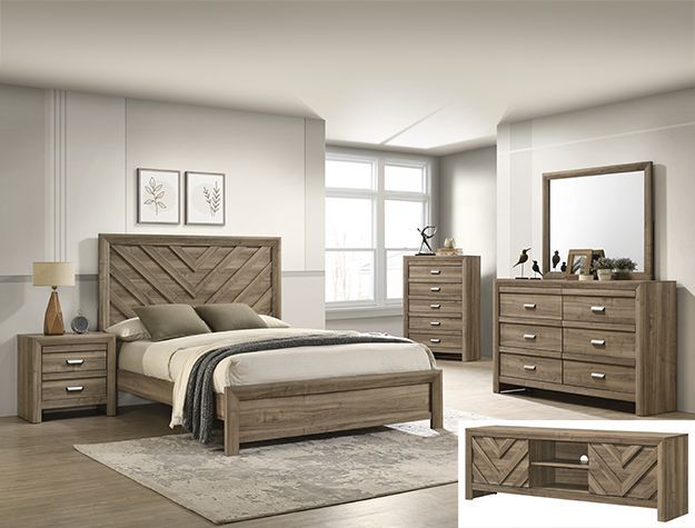 Modern beige bedroom set with upholstered bed, dresser, nightstand, and framed wall art in a bright room
