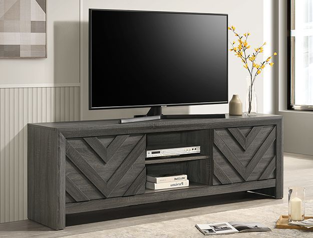Gray wood TV stand with a flat-screen TV in a bright living room