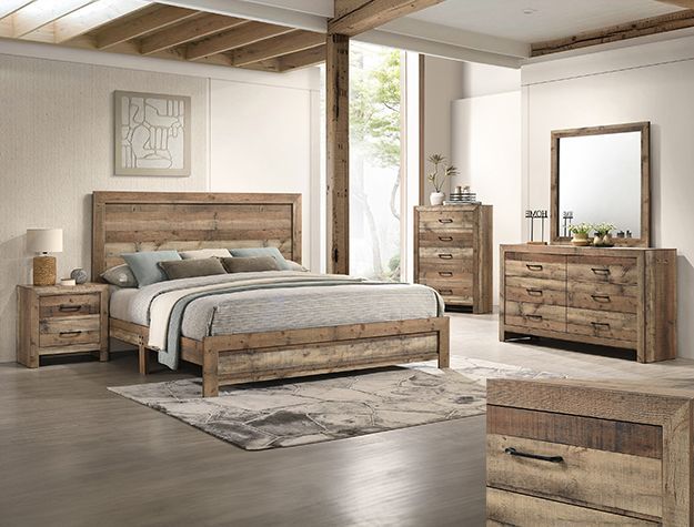 Rustic bedroom set with wooden bed, dresser, mirror, and nightstand in a bright room