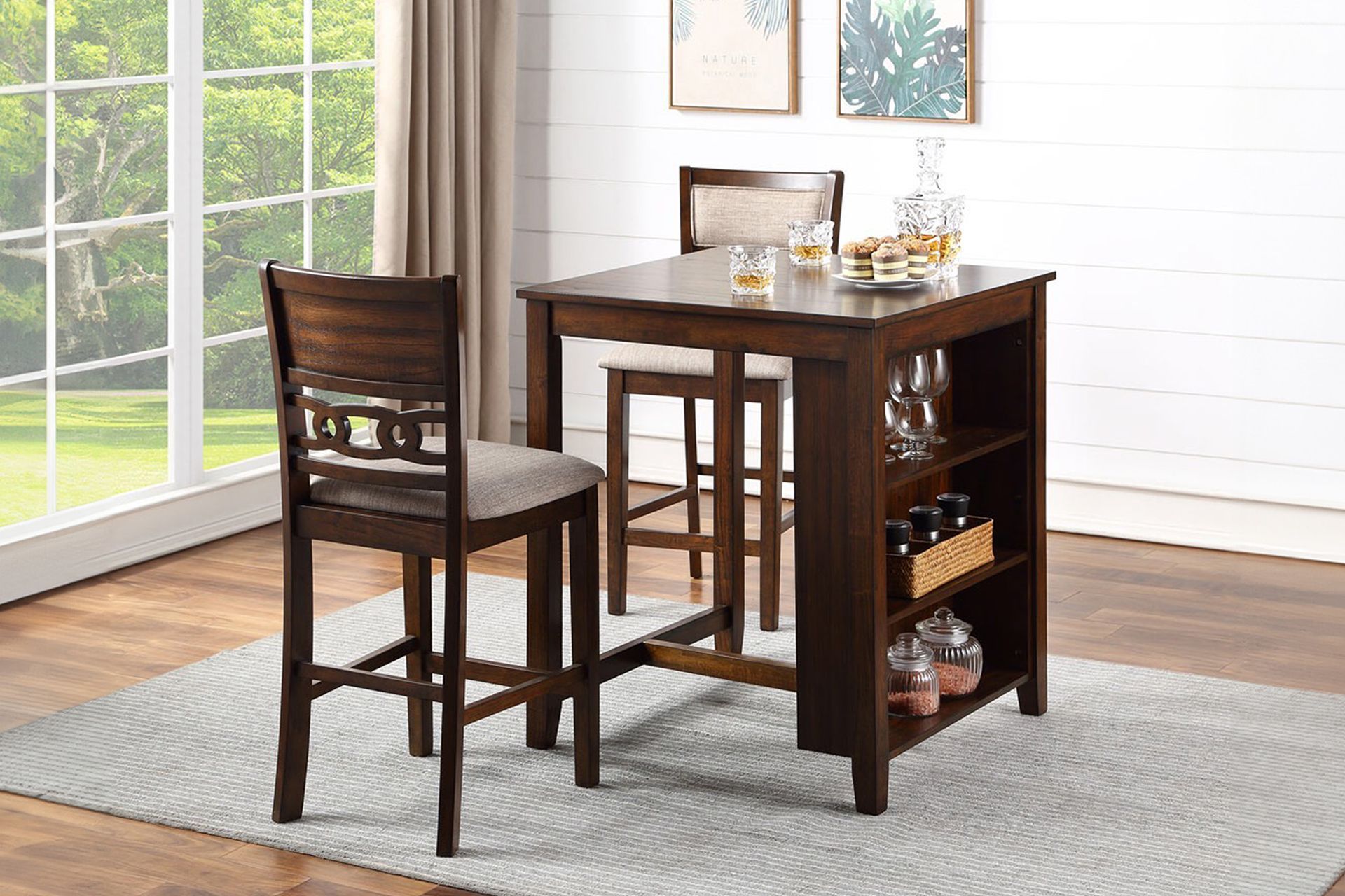 Dark wood dining table with two chairs in a bright room beside a large window