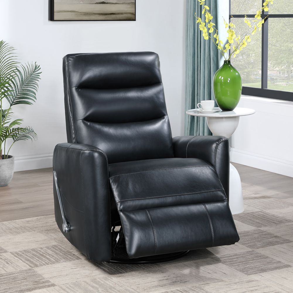 Black leather recliner chair in a bright living room with a window, side table, and plant.