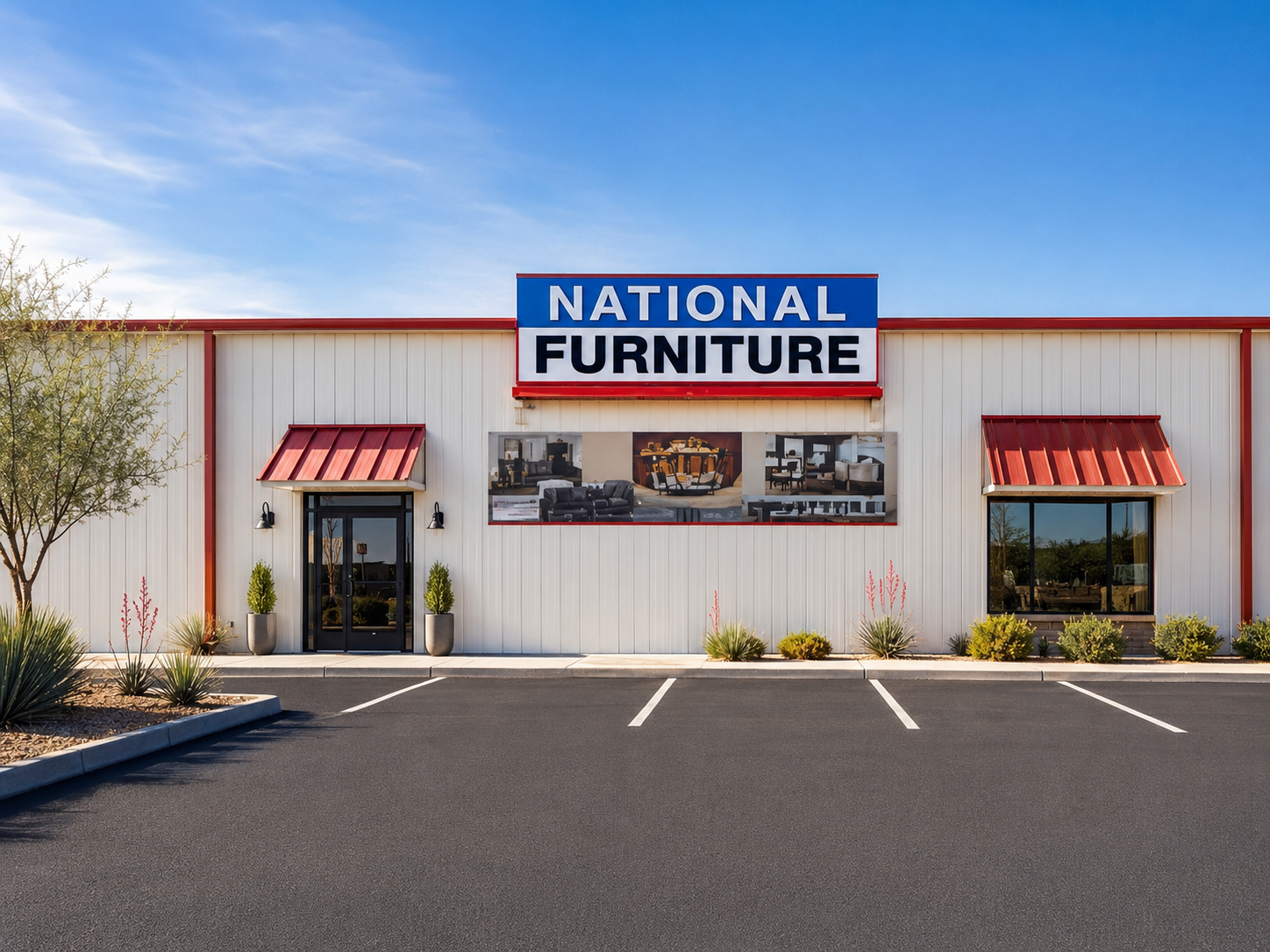 National Furniture storefront with red awnings and empty parking spaces under a blue sky