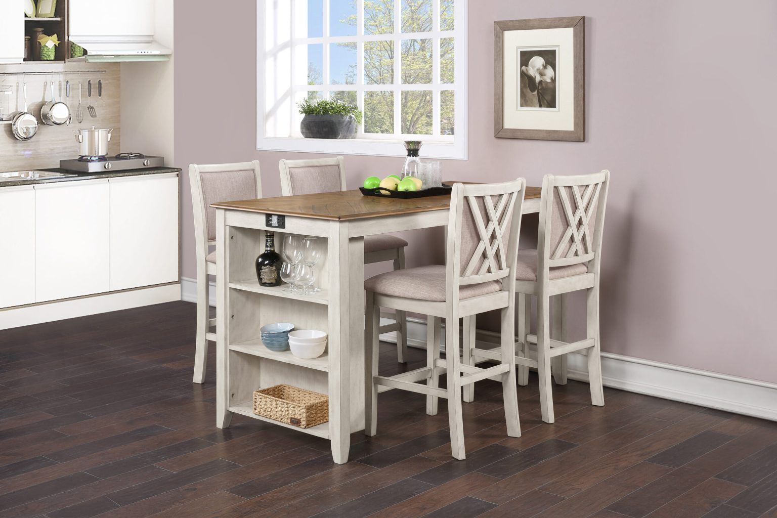 White kitchen island with chairs in a light dining nook, dark wood floor, window, and wall art