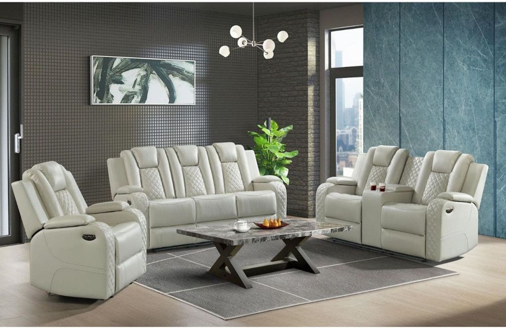 Modern living room with white leather sofas, coffee table, rug, and wall art
