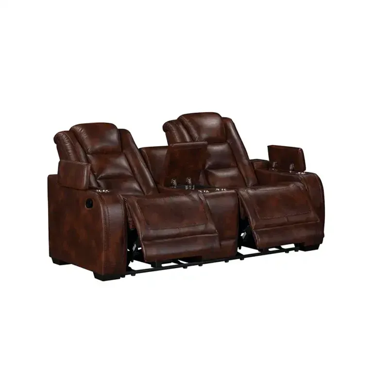 Brown leather reclining loveseat with center console and cup holders