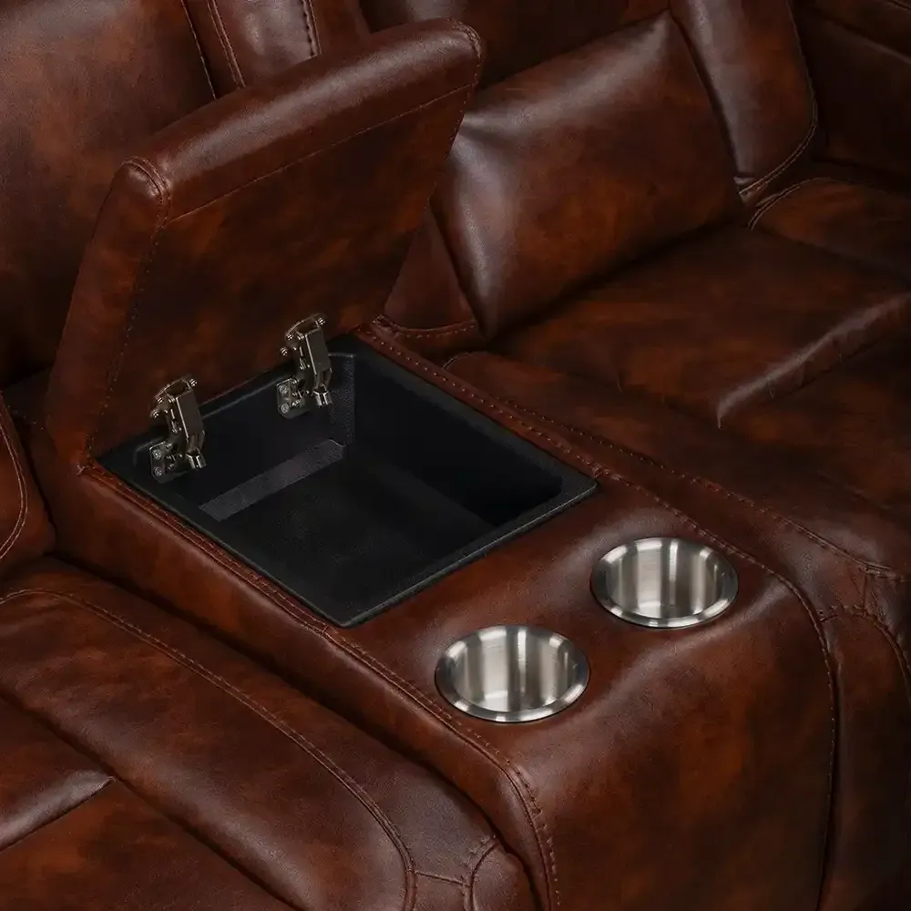 Leather sofa armrest console with cup holders and a storage compartment