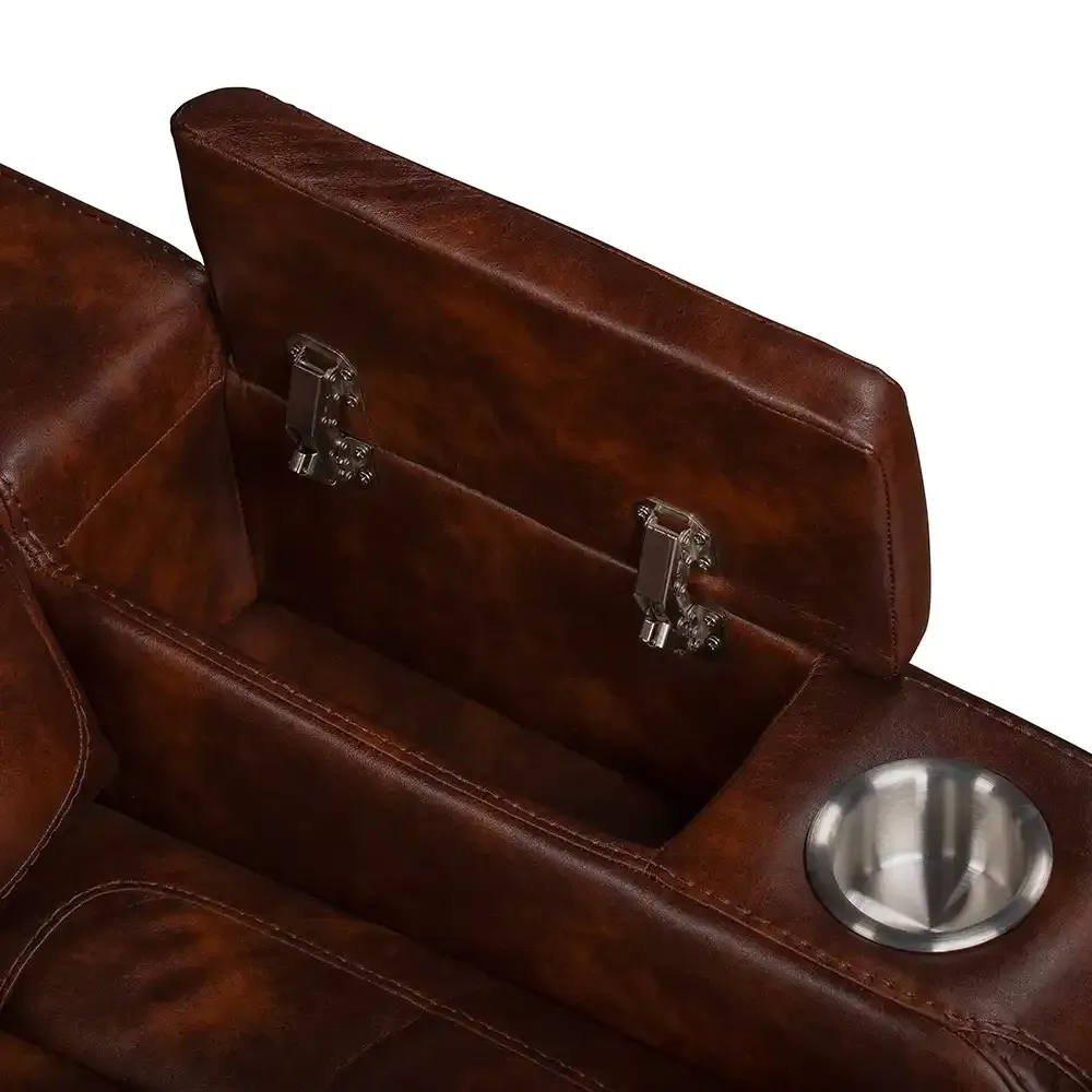 Brown leather car seat with folded-down armrest and built-in cup holder