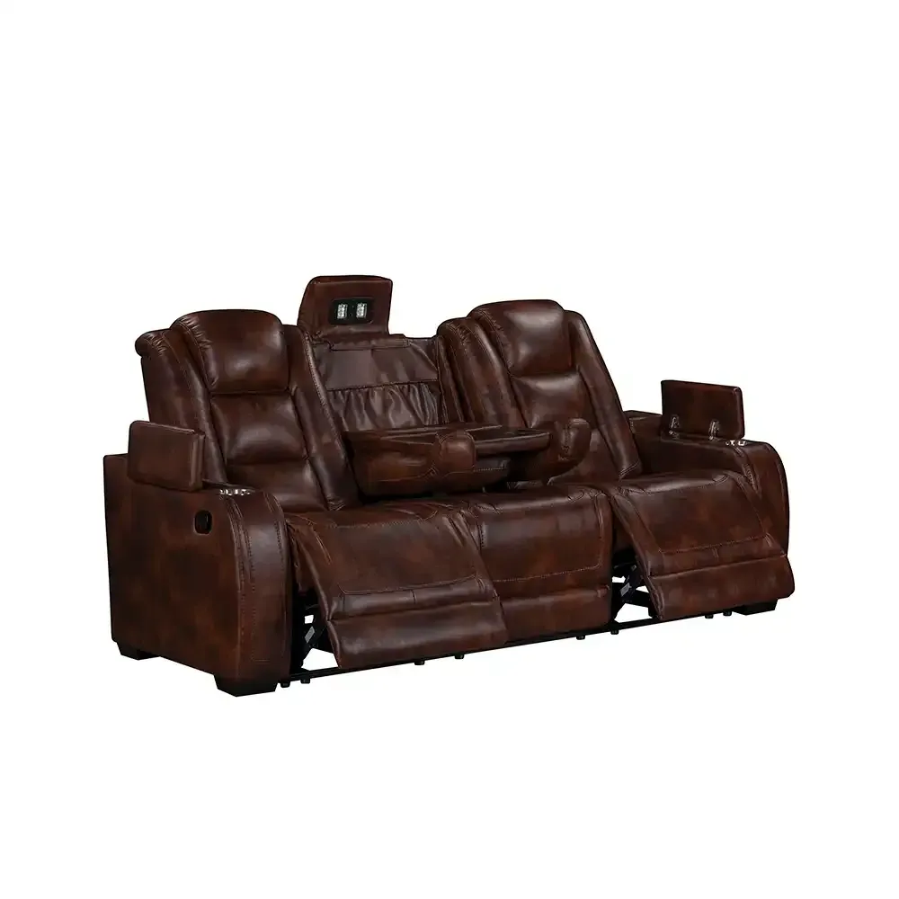 Brown leather reclining loveseat with center console and cup holders