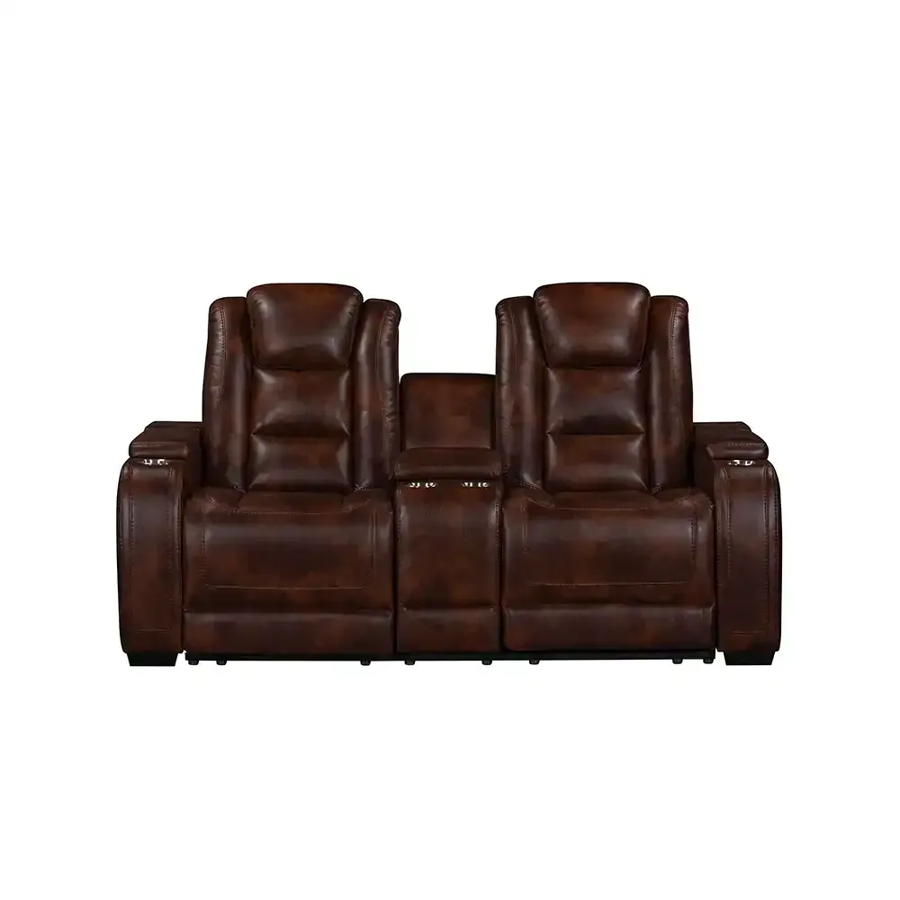 Brown leather reclining loveseat with two seats and center console